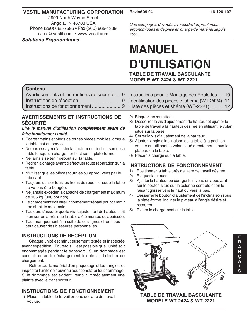Manuel d'utilisation | Vestil WT-2424 & WT-2221 User Manual | Page 9 / 12