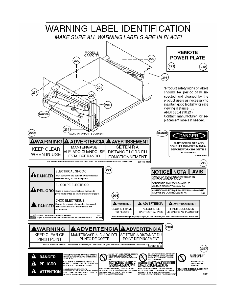 Zltt, Afety, Abel | Ocations, Odel | Vestil ZLTT series User Manual | Page 13 / 16
