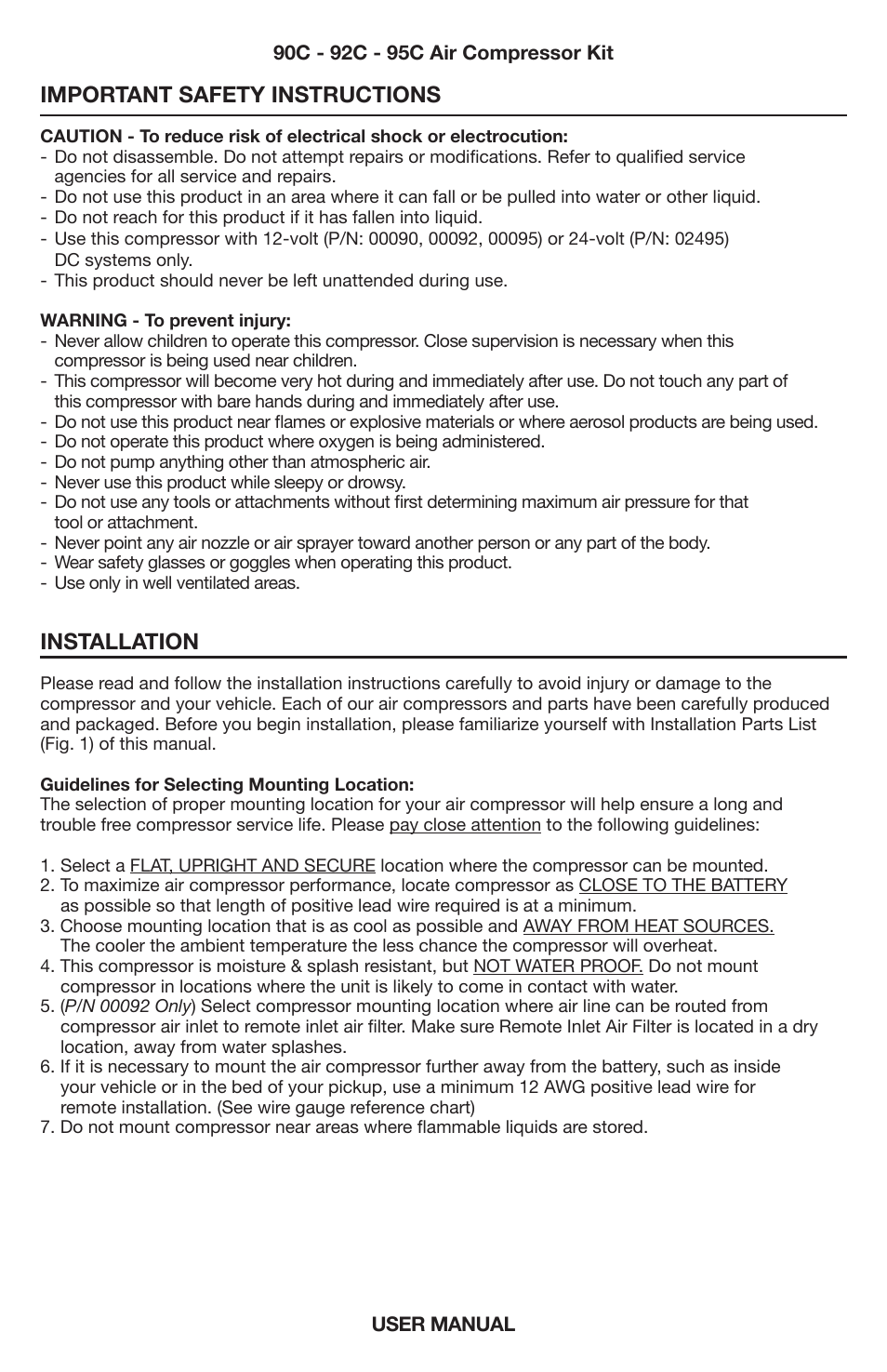 Important safety instructions, Installation | VIAIR 95C User Manual | Page 2 / 8