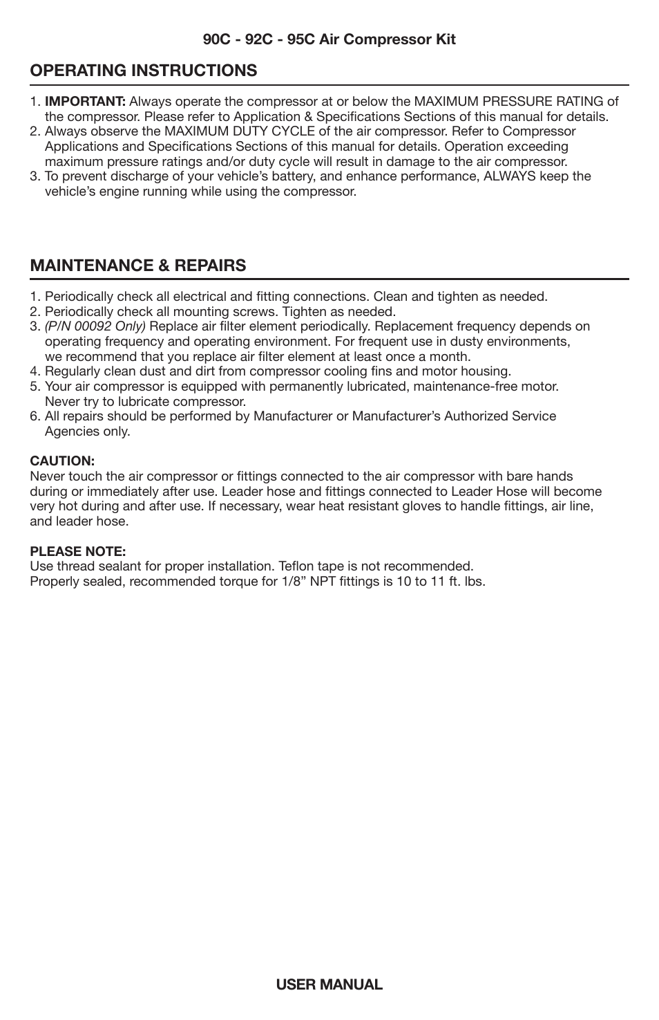 Operating instructions, Maintenance & repairs | VIAIR 95C User Manual | Page 4 / 8