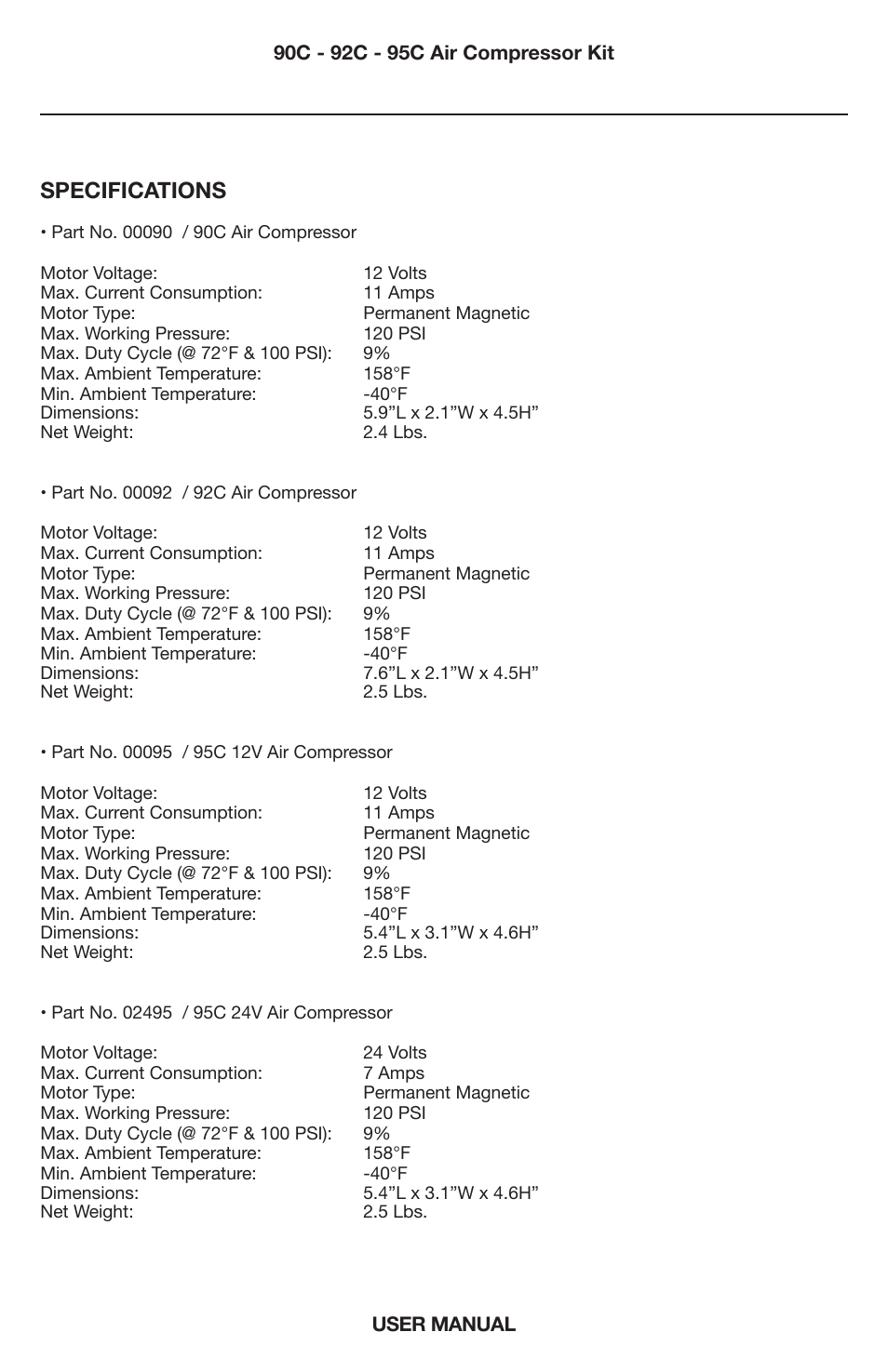 Specifications | VIAIR 95C User Manual | Page 5 / 8