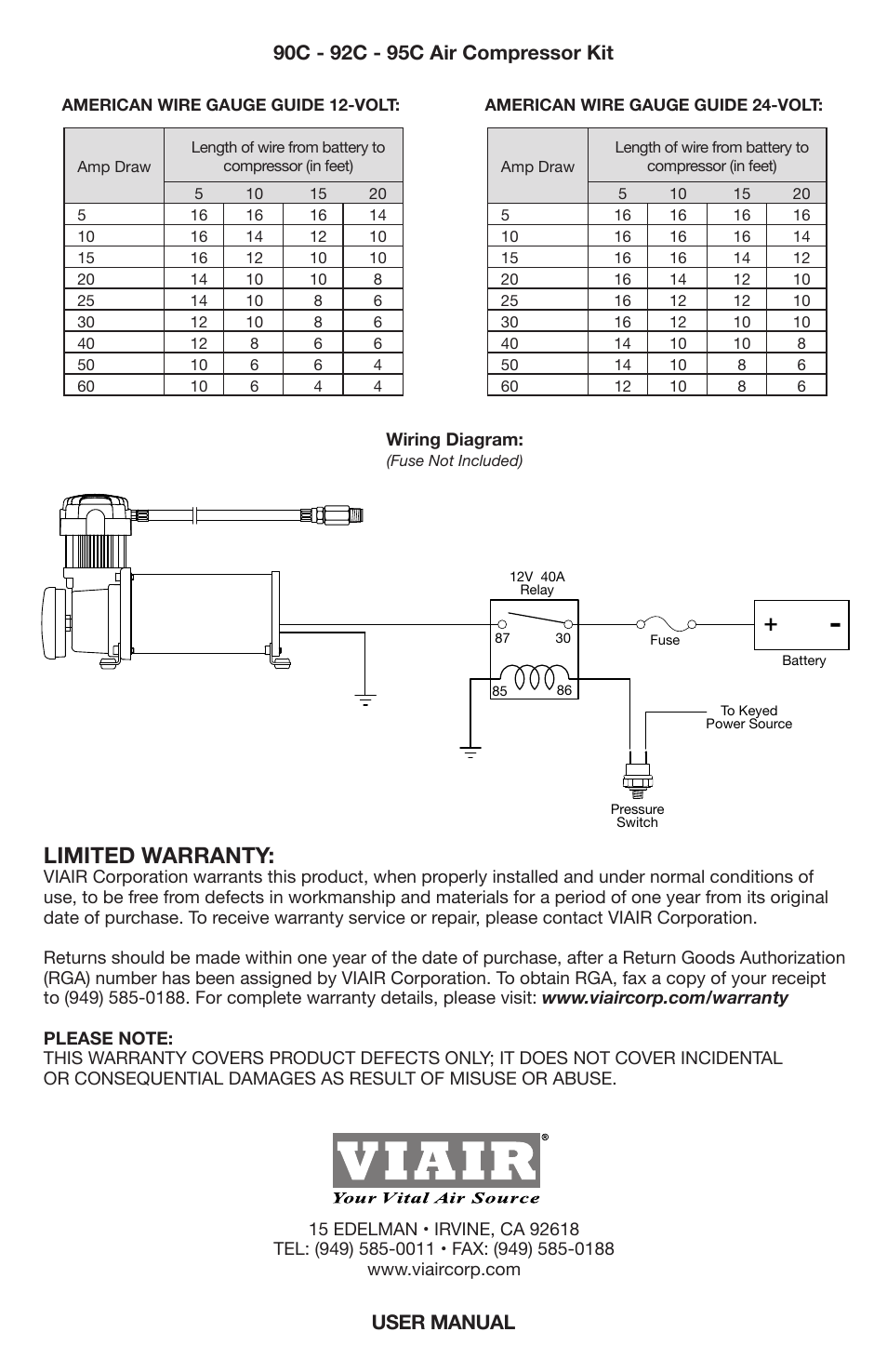 Single “c” model compressor wiring diagram, Limited warranty, User manual | VIAIR 95C User Manual | Page 8 / 8