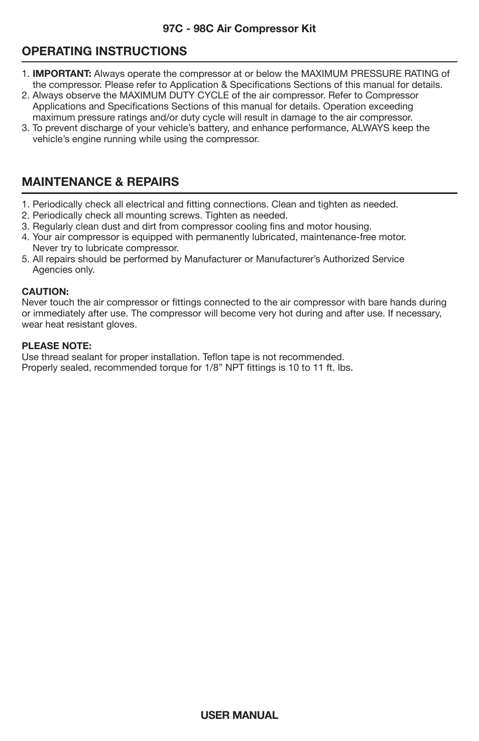 Operating instructions, Maintenance & repairs | VIAIR 98C User Manual | Page 4 / 8