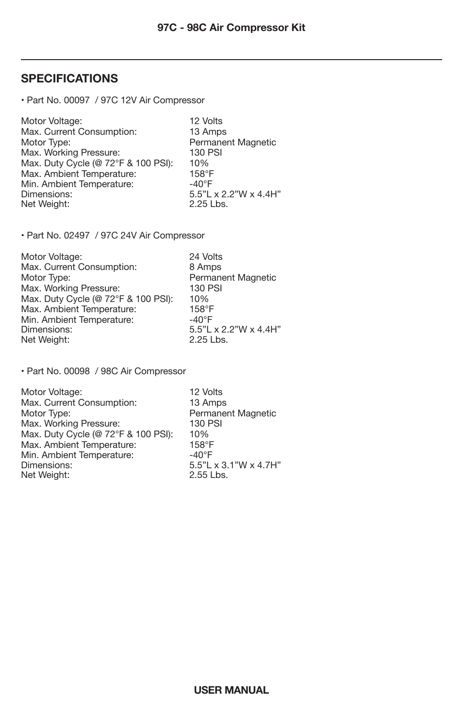 Specifications | VIAIR 98C User Manual | Page 5 / 8