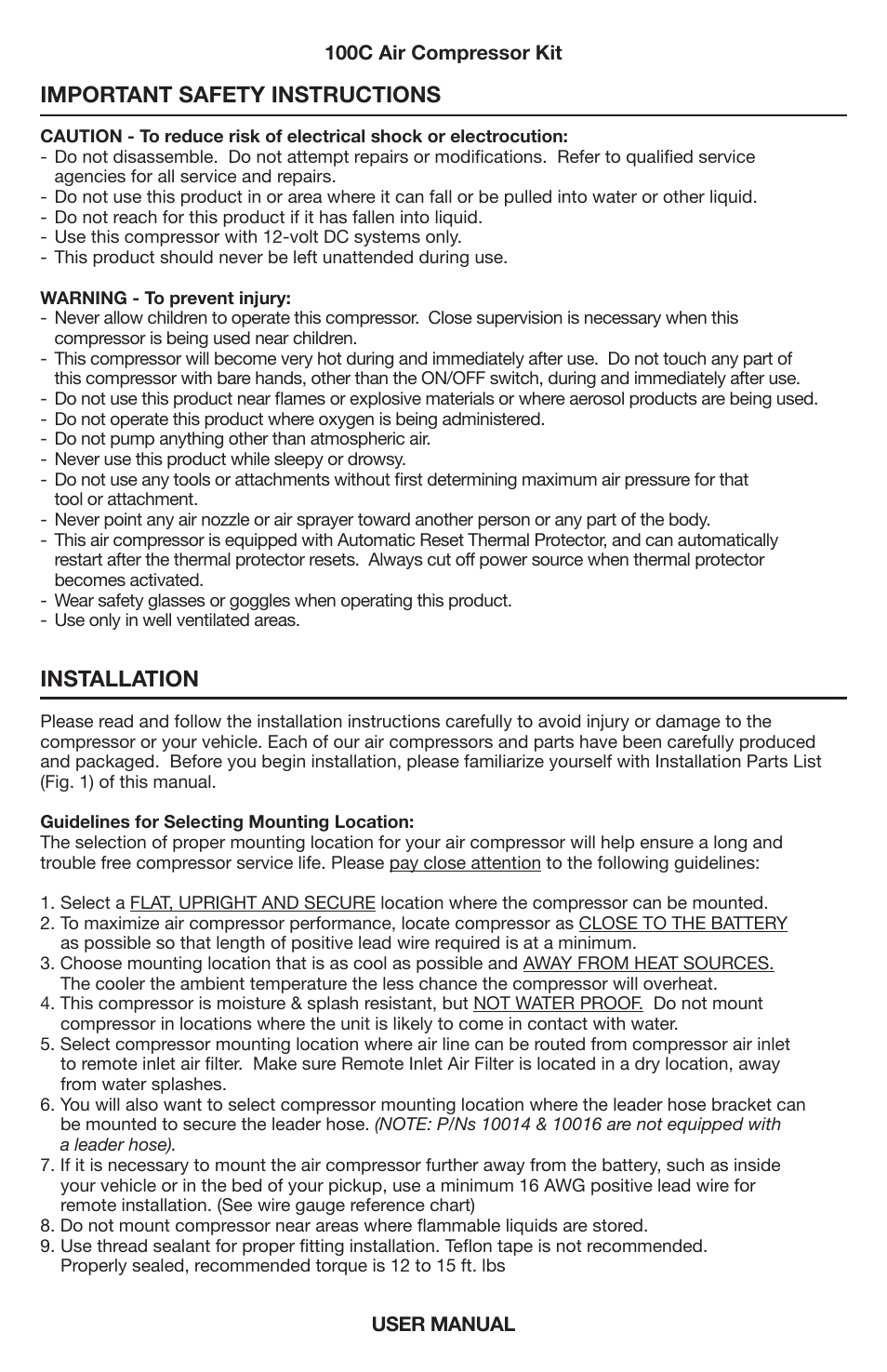 Important safety instructions, Installation | VIAIR 100C User Manual | Page 2 / 8