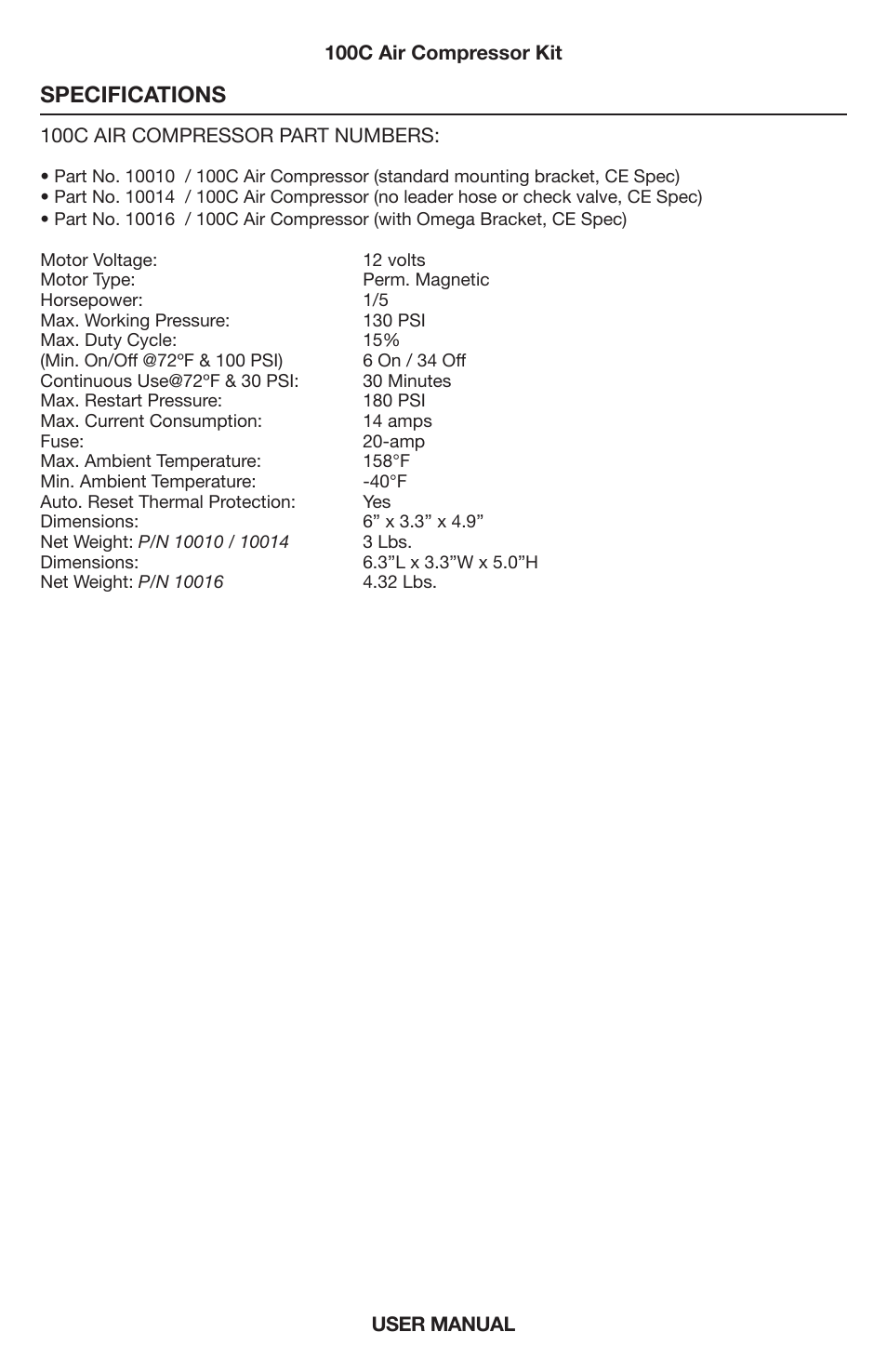 Specifications | VIAIR 100C User Manual | Page 5 / 8