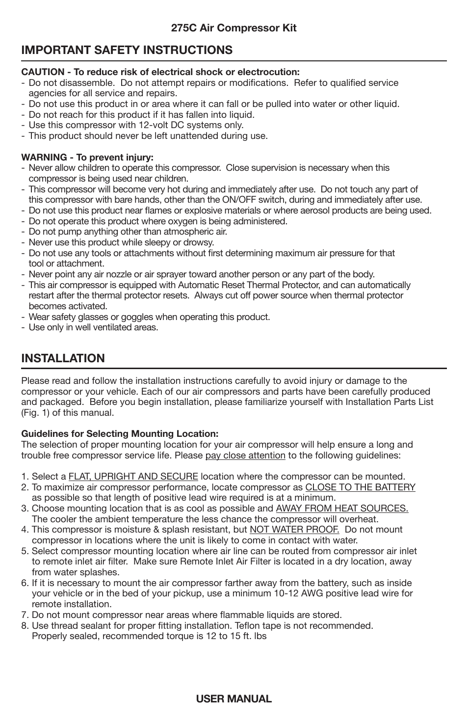 Important safety instructions, Installation | VIAIR 275C User Manual | Page 2 / 8