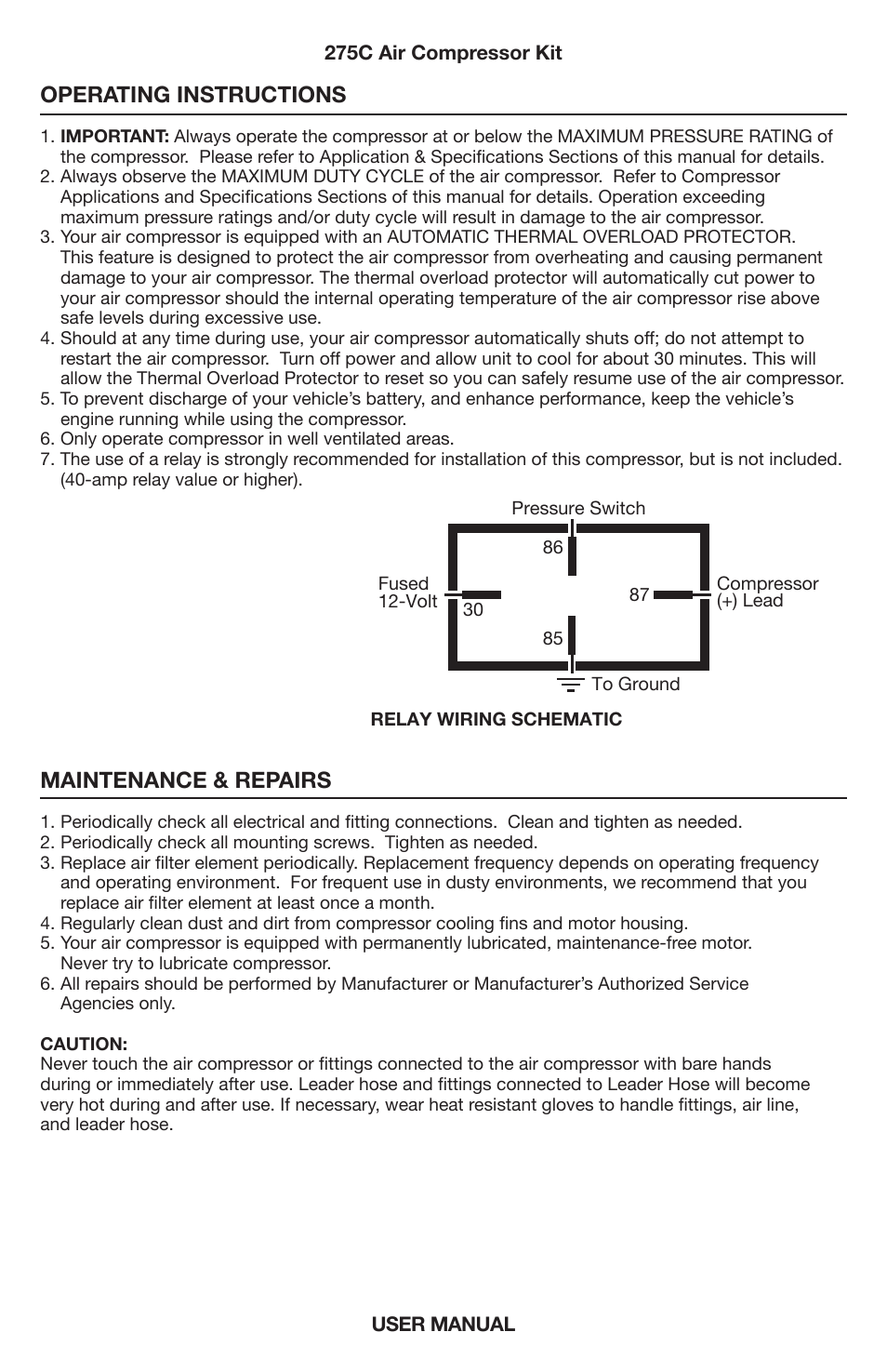 Operating instructions, Maintenance & repairs | VIAIR 275C User Manual | Page 4 / 8