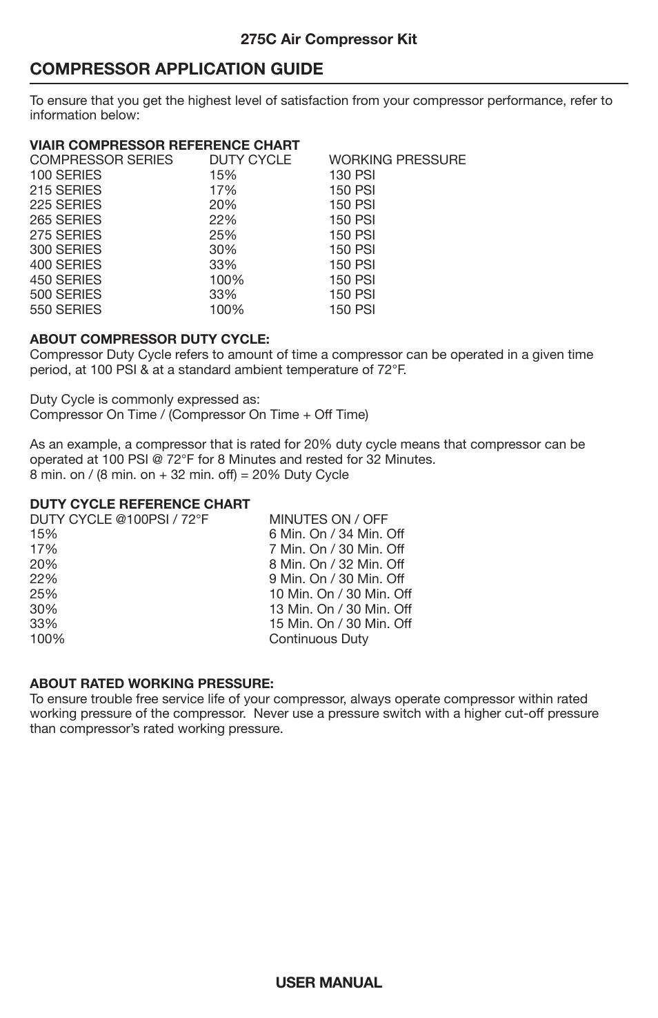 Compressor application guide | VIAIR 275C User Manual | Page 6 / 8