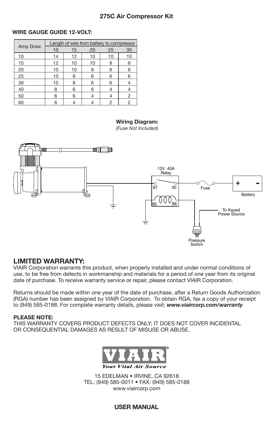Single “c” model compressor wiring diagram, Limited warranty, 275c air compressor kit | User manual | VIAIR 275C User Manual | Page 8 / 8