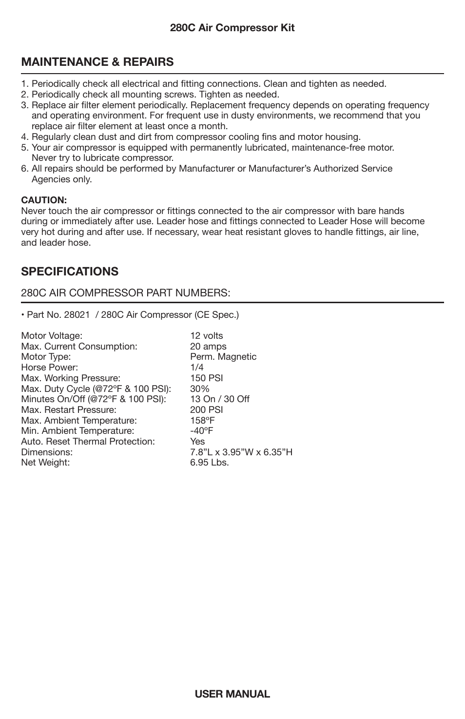 Specifications, Maintenance & repairs | VIAIR 280C User Manual | Page 5 / 8