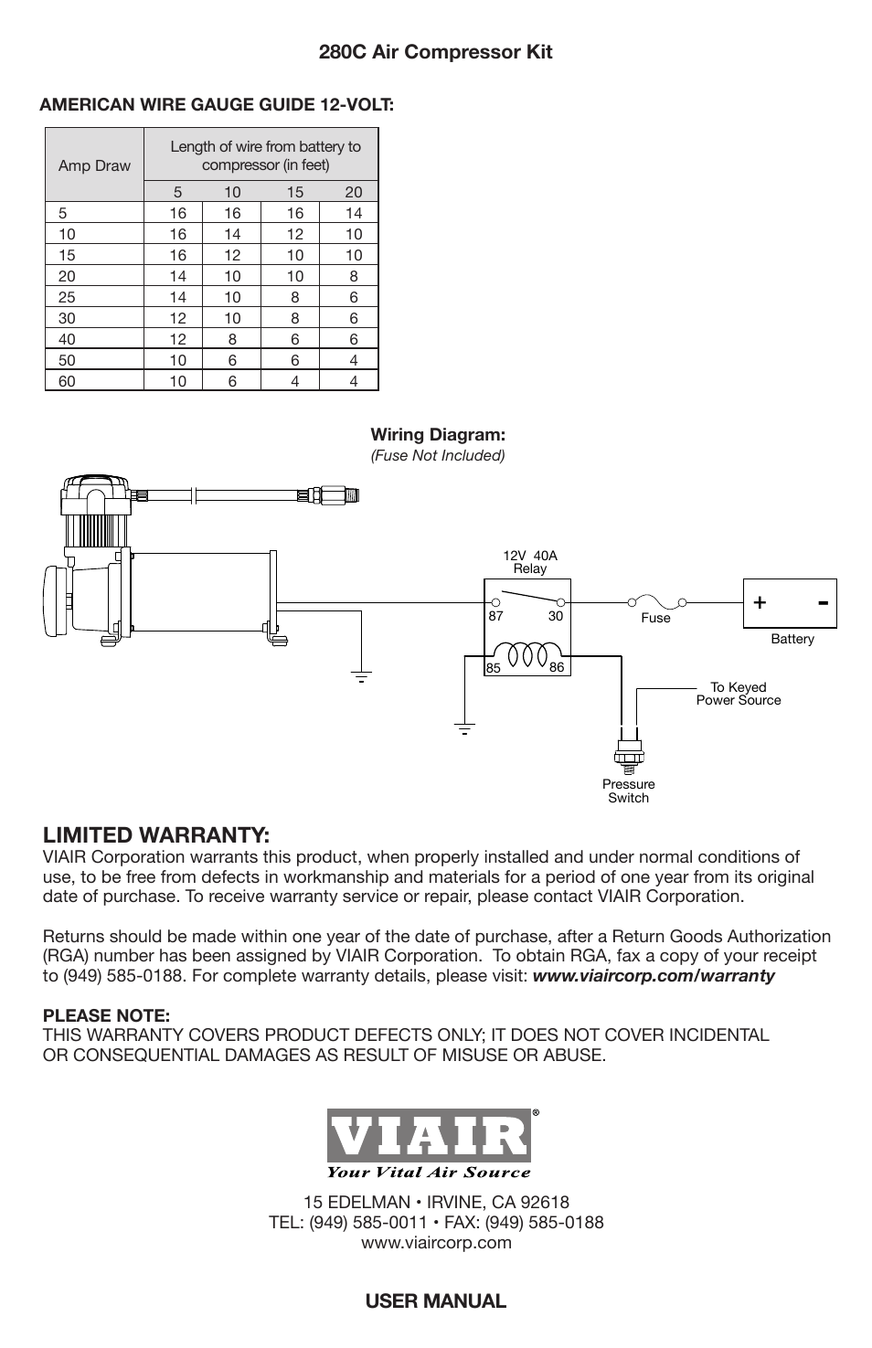 Single “c” model compressor wiring diagram, Limited warranty, 280c air compressor kit | User manual | VIAIR 280C User Manual | Page 8 / 8