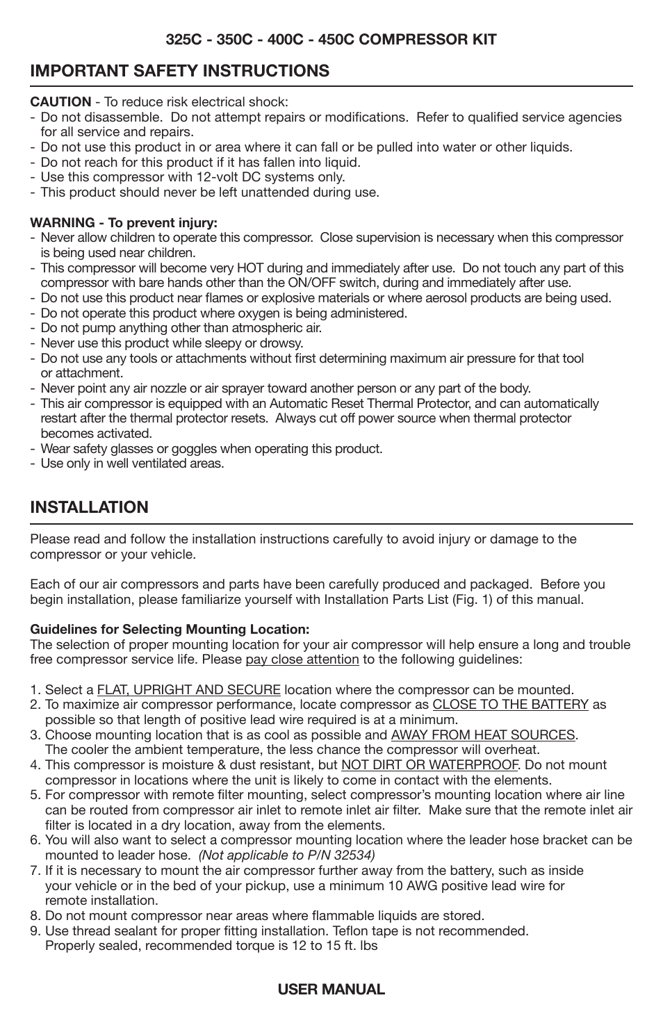 Important safety instructions, Installation | VIAIR 450C User Manual | Page 2 / 8