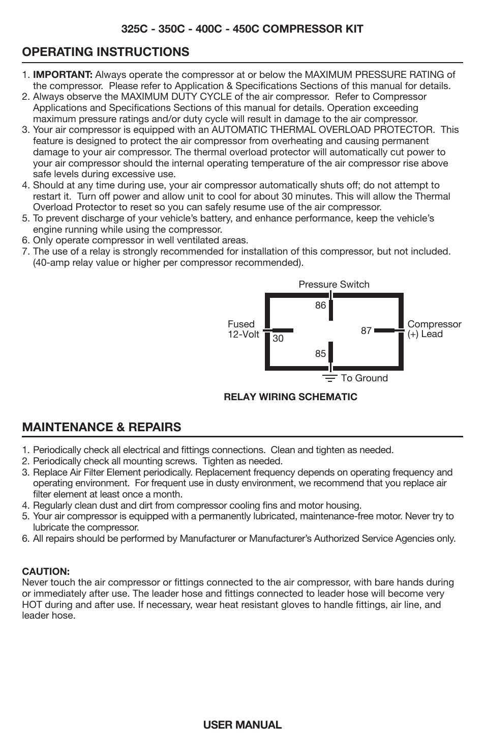 Operating instructions, Maintenance & repairs | VIAIR 450C User Manual | Page 4 / 8