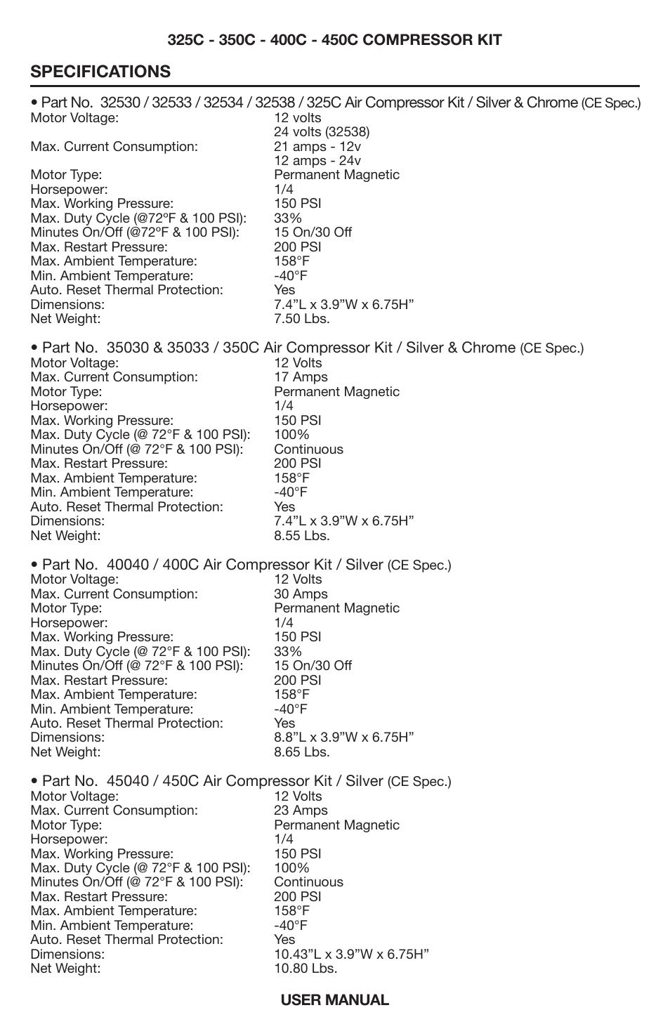 Specifications | VIAIR 450C User Manual | Page 5 / 8