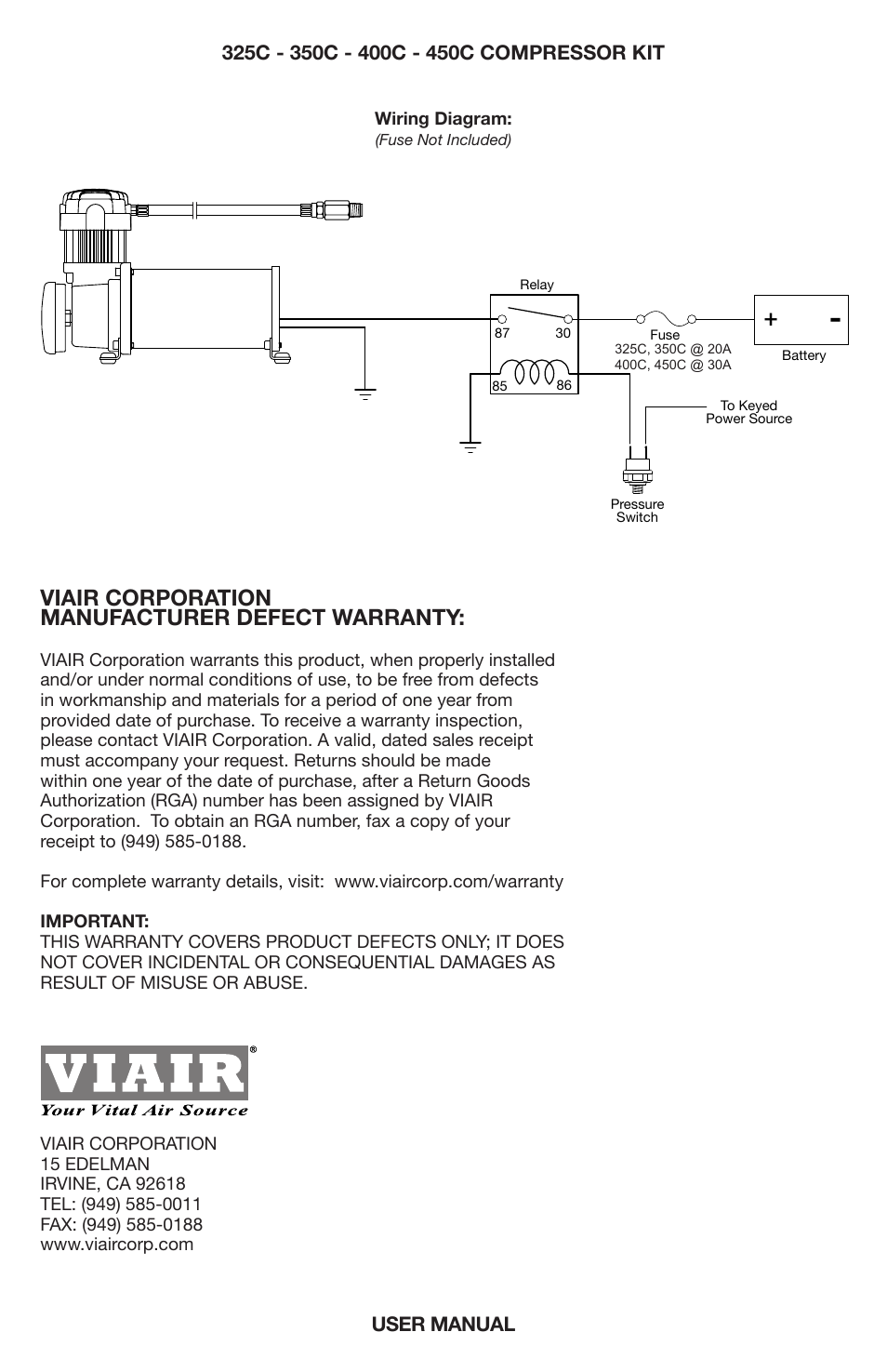 Single “c” model compressor wiring diagram, Viair corporation manufacturer defect warranty | VIAIR 450C User Manual | Page 8 / 8