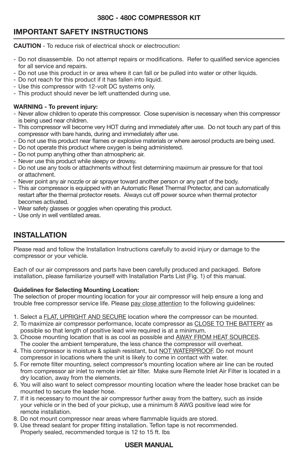 Important safety instructions, Installation | VIAIR 480C User Manual | Page 2 / 8