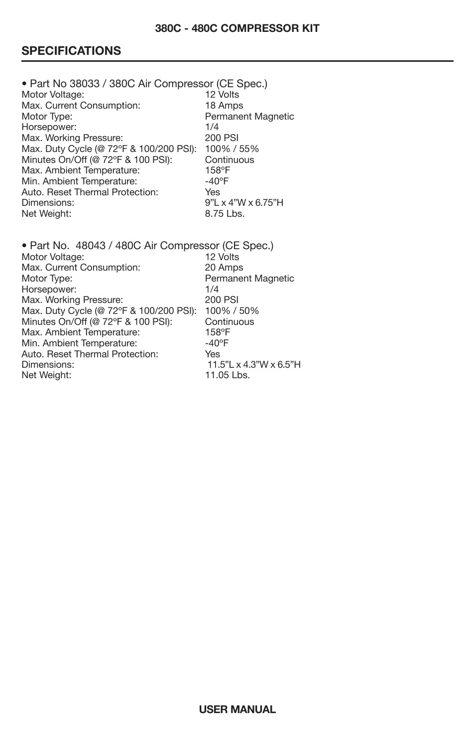 Specifications | VIAIR 480C User Manual | Page 5 / 8
