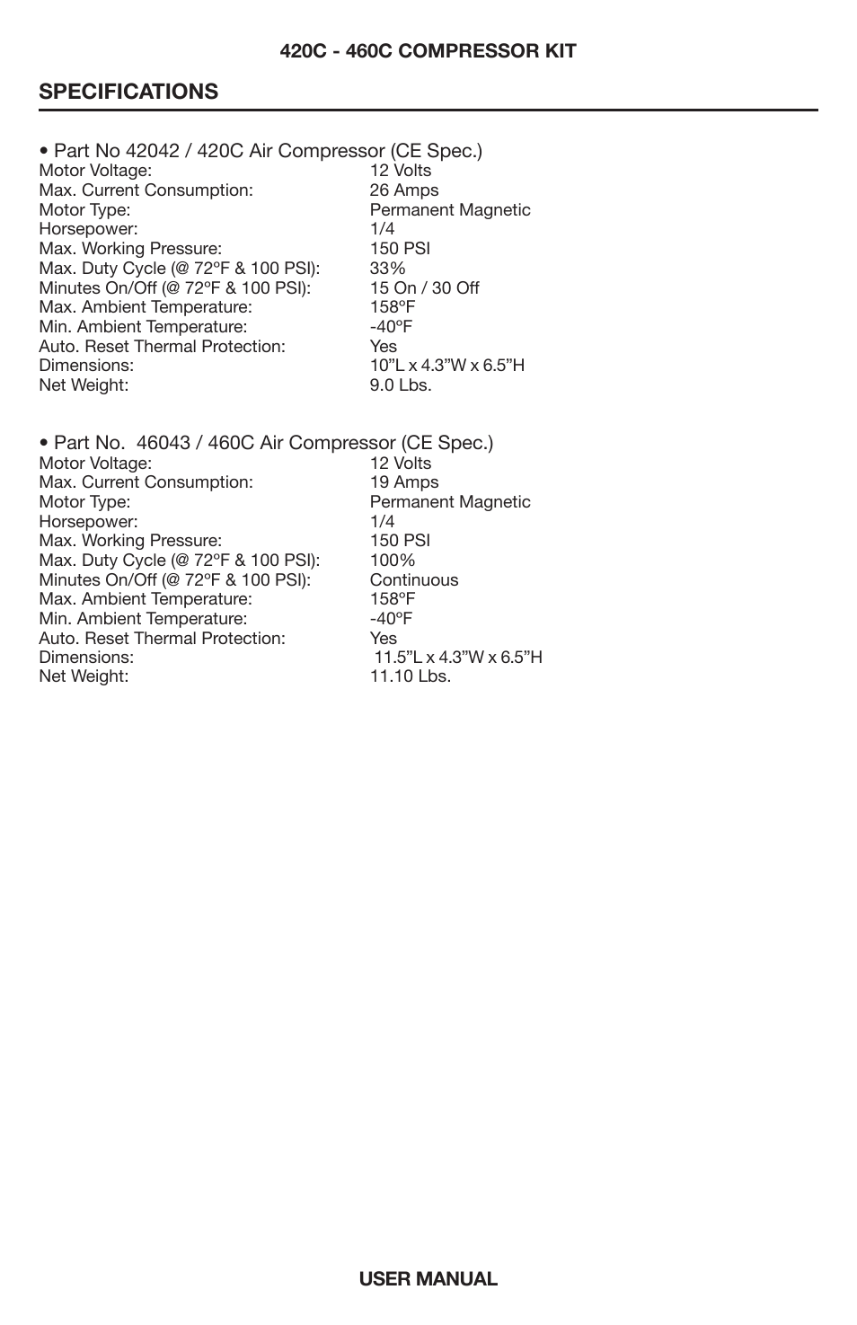 Specifications | VIAIR 460C User Manual | Page 5 / 8