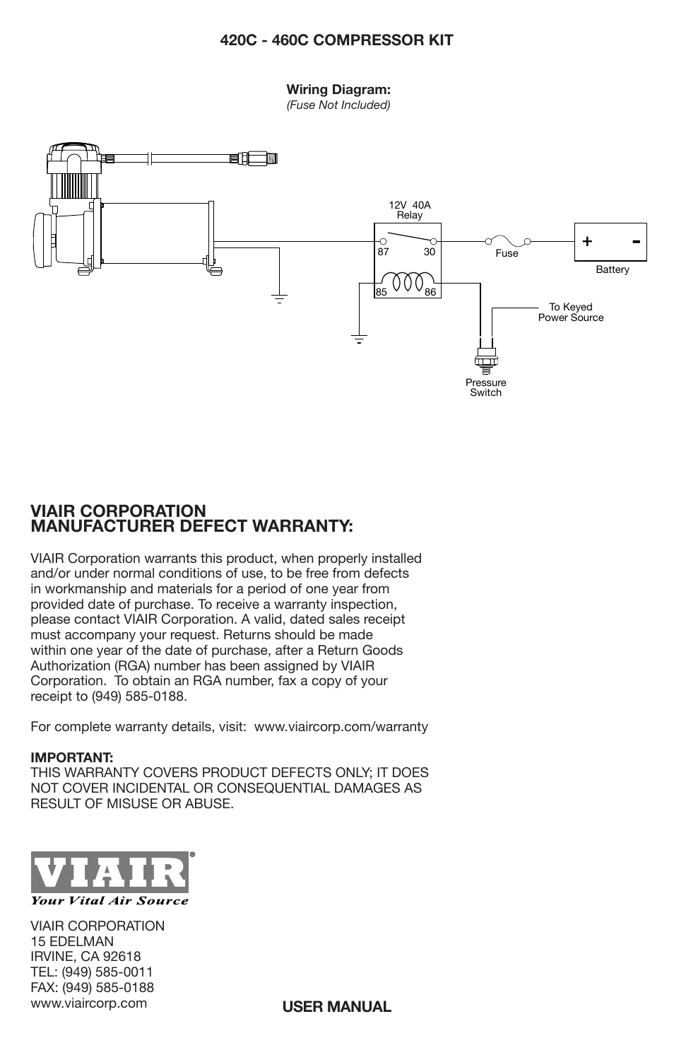 Single “c” model compressor wiring diagram, Viair corporation manufacturer defect warranty | VIAIR 460C User Manual | Page 8 / 8