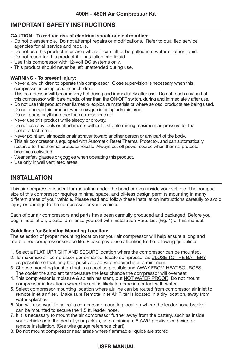 Important safety instructions, Installation | VIAIR 450H User Manual | Page 2 / 8