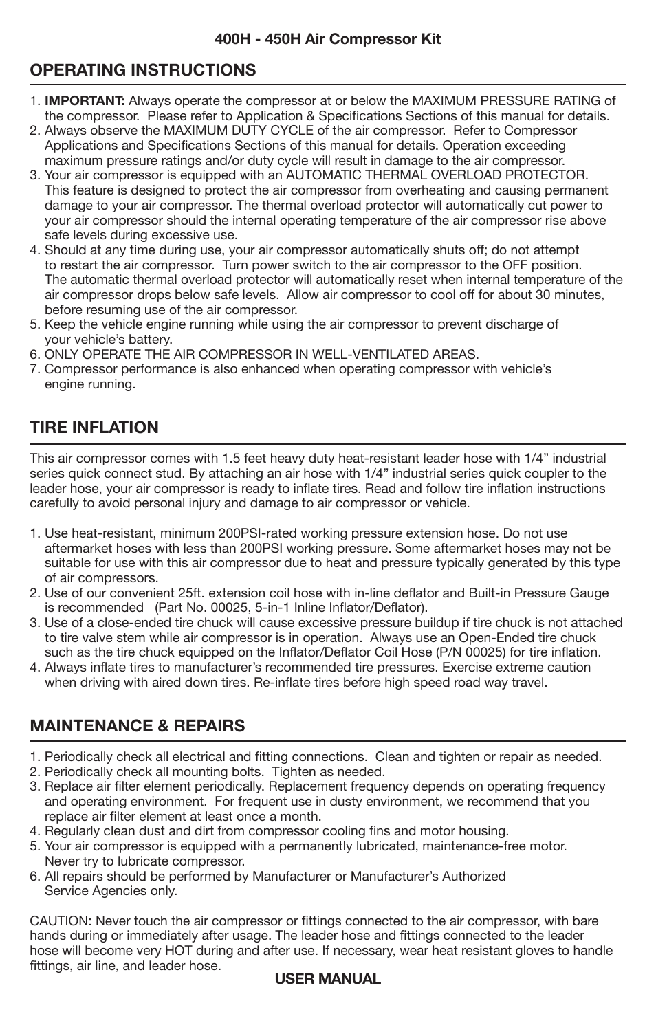 Operating instructions, Tire inflation, Maintenance & repairs | VIAIR 450H User Manual | Page 4 / 8