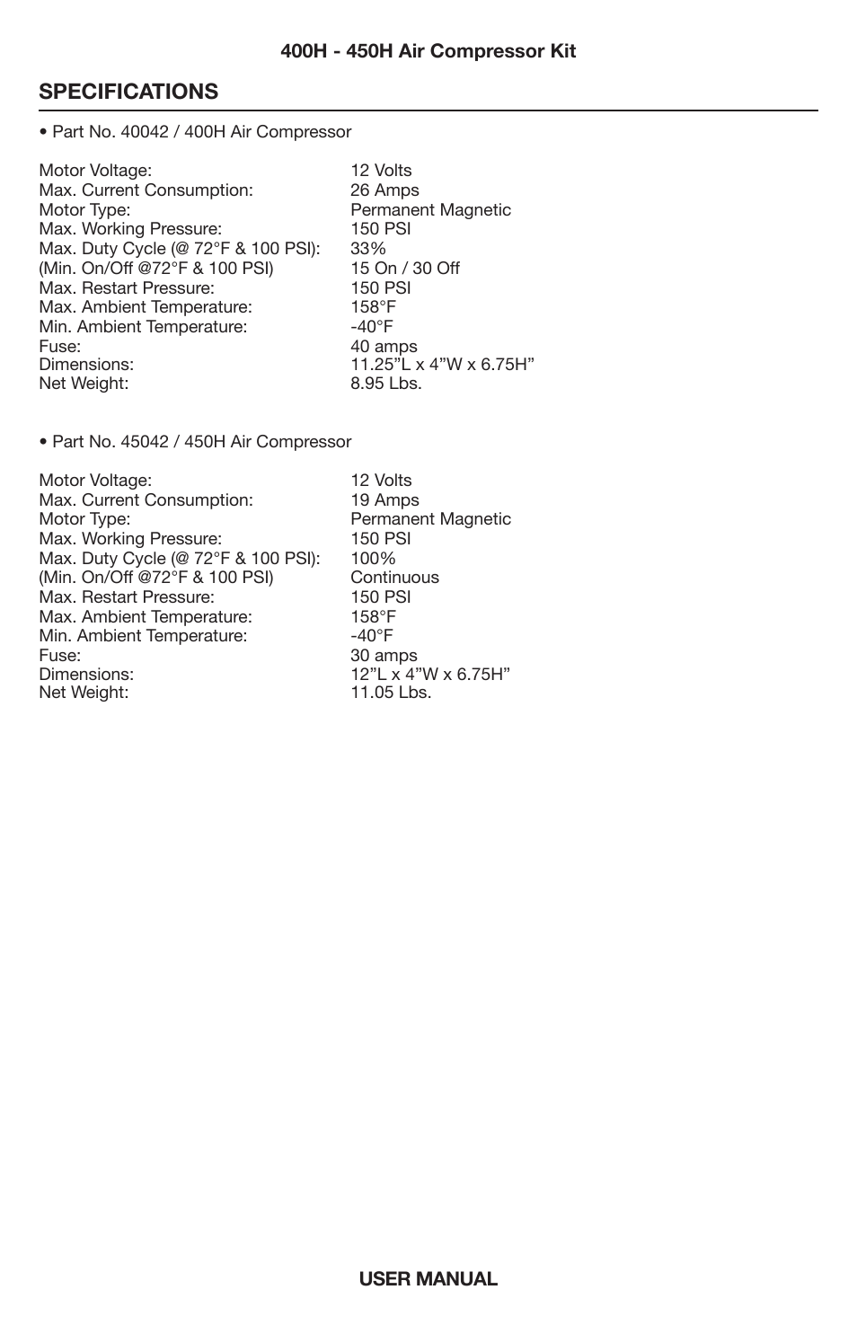 Specifications | VIAIR 450H User Manual | Page 5 / 8