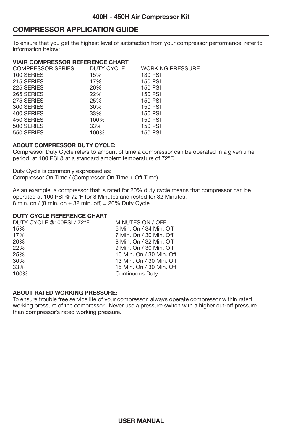 Compressor application guide | VIAIR 450H User Manual | Page 6 / 8