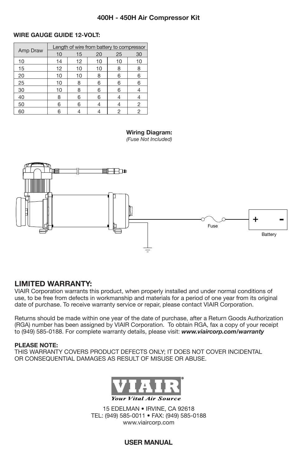 H” model compressor wiring diagram, Limited warranty, User manual | VIAIR 450H User Manual | Page 8 / 8