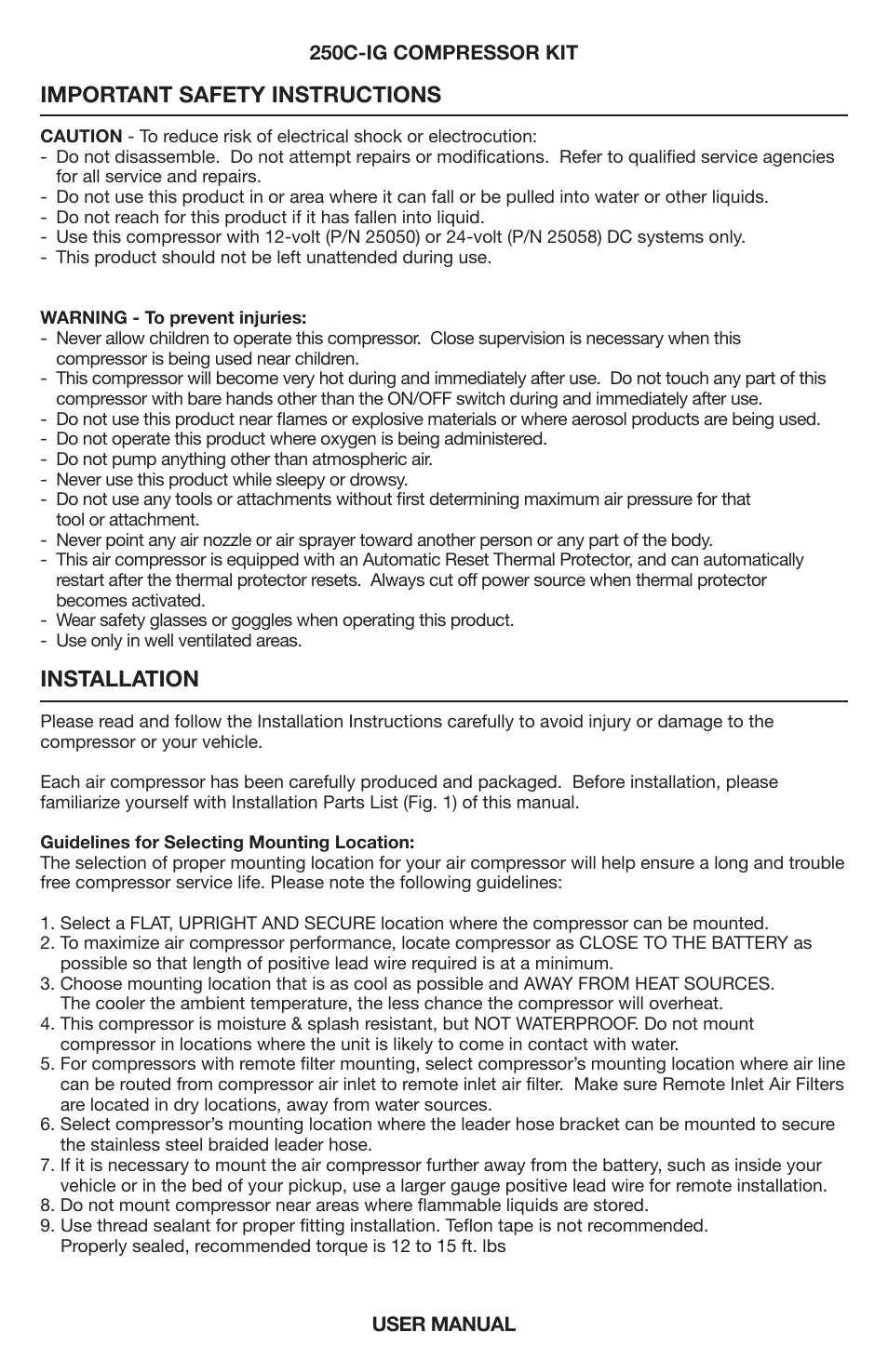 Important safety instructions, Installation | VIAIR 250C-IG User Manual | Page 2 / 8
