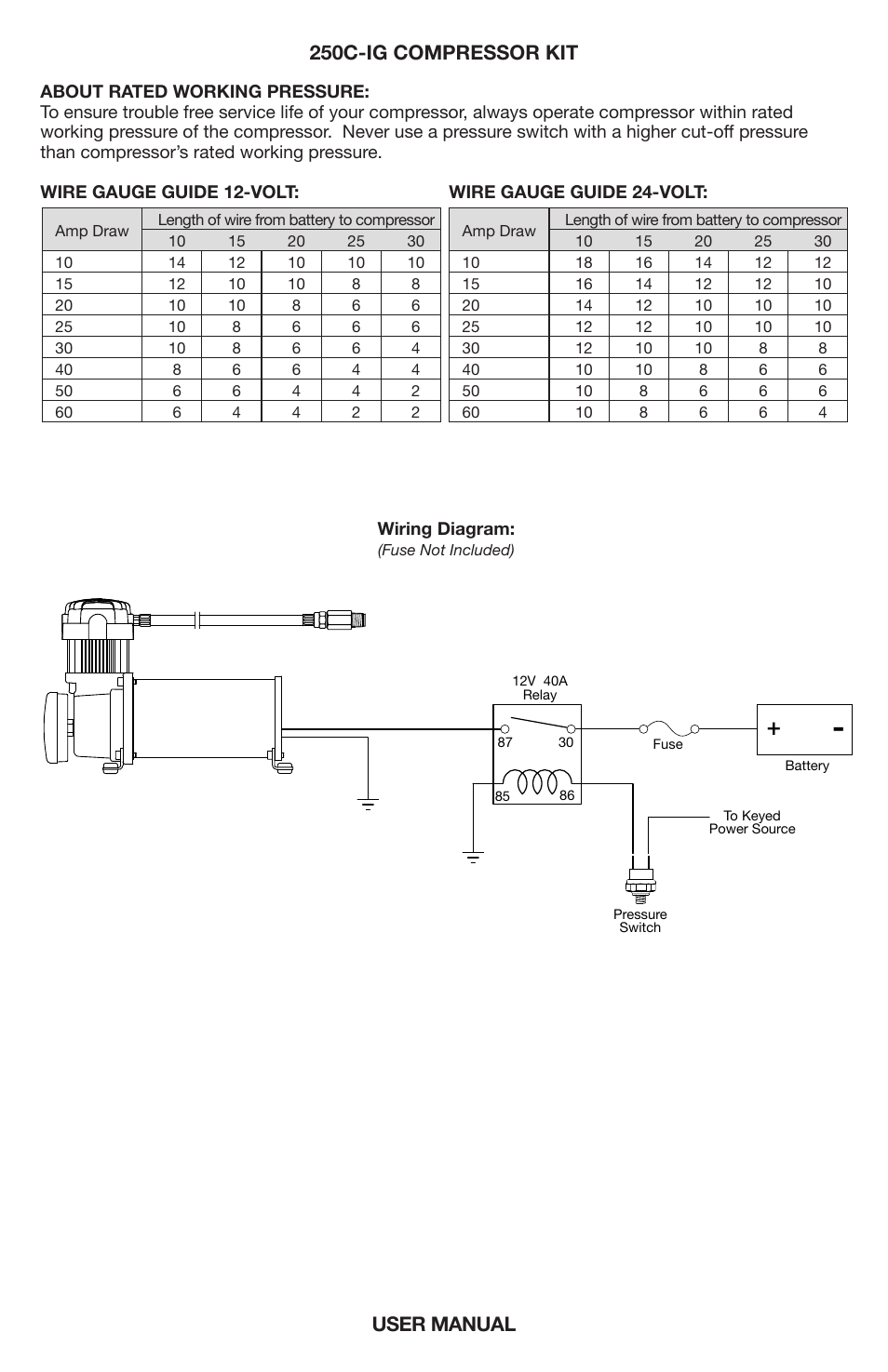 Single “c” model compressor wiring diagram, User manual 250c-ig compressor kit | VIAIR 250C-IG User Manual | Page 6 / 8