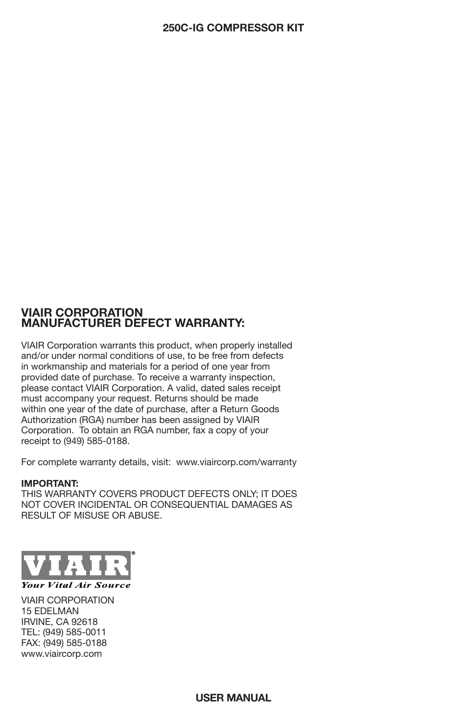 Viair corporation manufacturer defect warranty | VIAIR 250C-IG User Manual | Page 8 / 8
