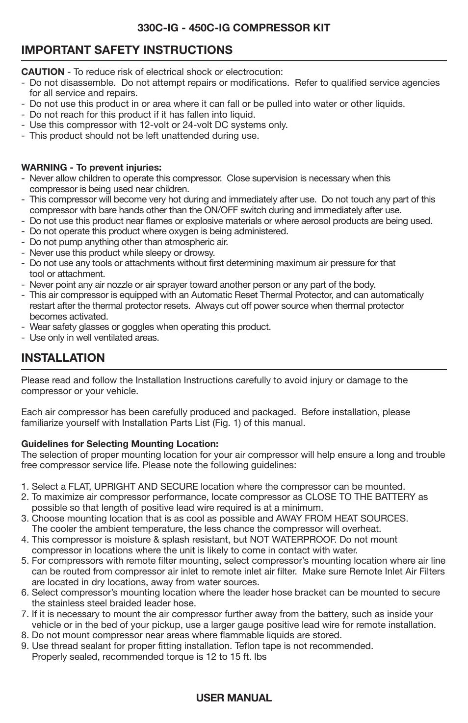 Important safety instructions, Installation | VIAIR 450C-IG User Manual | Page 2 / 8