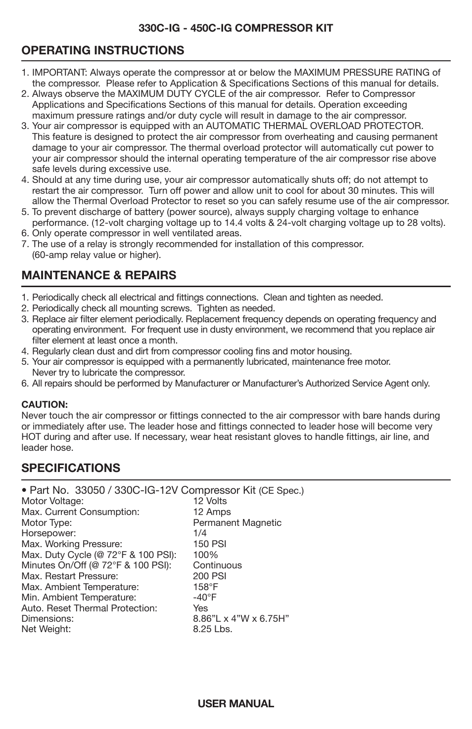 Operating instructions, Maintenance & repairs, Specifications | VIAIR 450C-IG User Manual | Page 4 / 8
