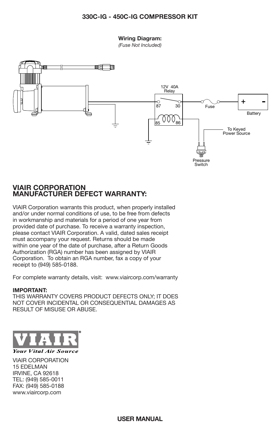 Single “c” model compressor wiring diagram, Viair corporation manufacturer defect warranty | VIAIR 450C-IG User Manual | Page 8 / 8