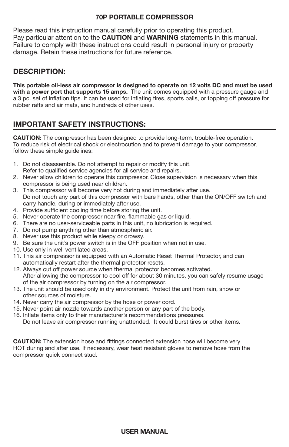 Description, Important safety instructions | VIAIR 70P User Manual | Page 2 / 4