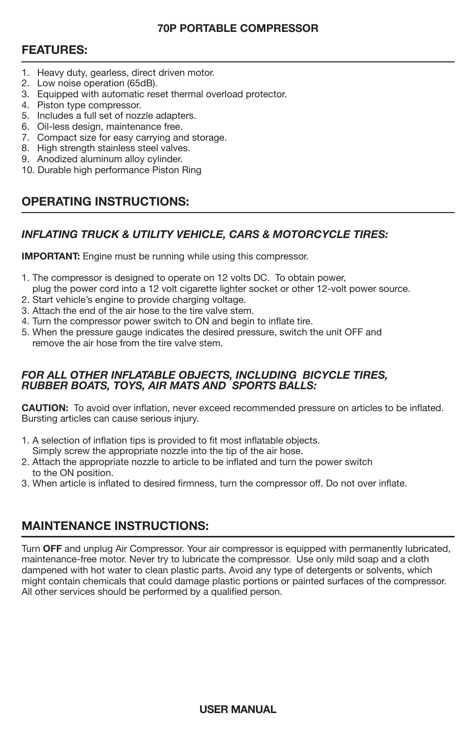 Features, Operating instructions, Maintenance instructions | VIAIR 70P User Manual | Page 3 / 4