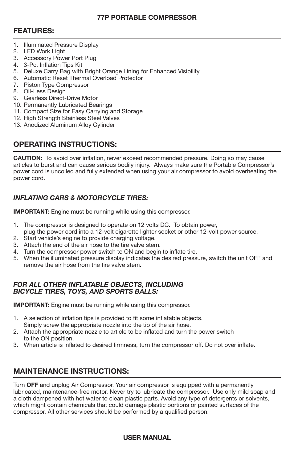 Features, Operating instructions, Maintenance instructions | VIAIR 77P User Manual | Page 3 / 4