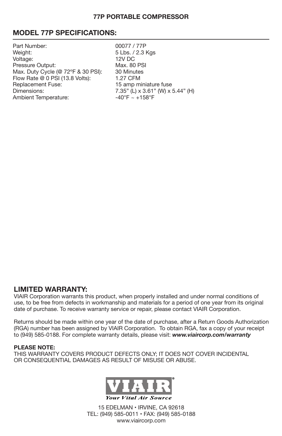Model 77p specifications, Limited warranty | VIAIR 77P User Manual | Page 4 / 4