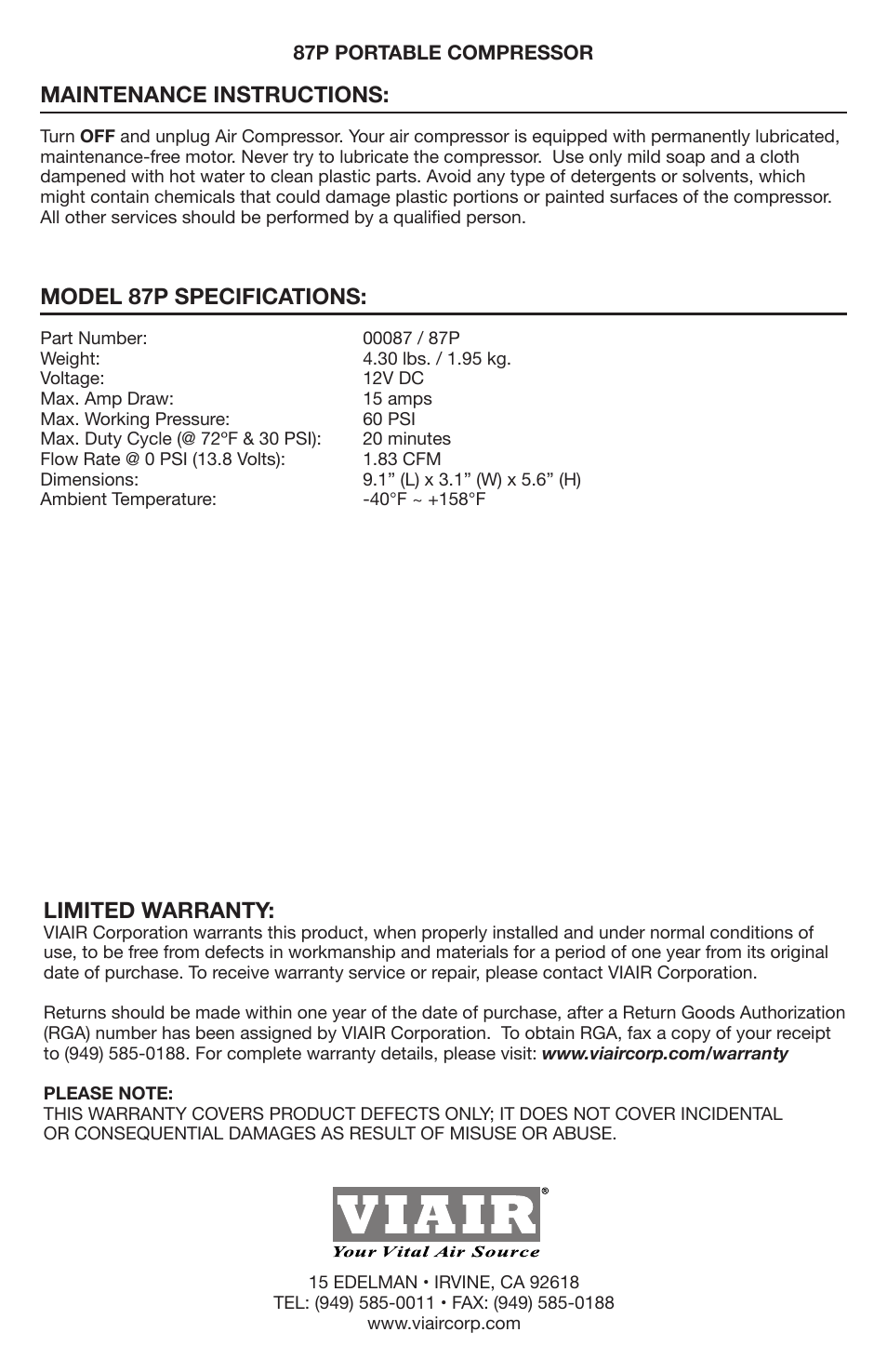 Maintenance instructions, Model 87p specifications, Limited warranty | VIAIR 87P User Manual | Page 4 / 4