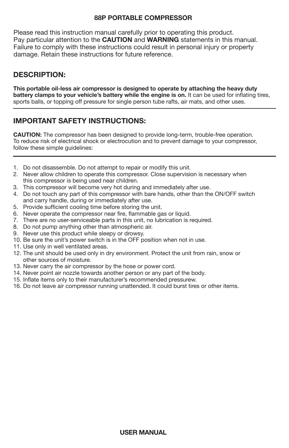 Description, Important safety instructions | VIAIR 88P User Manual | Page 2 / 4