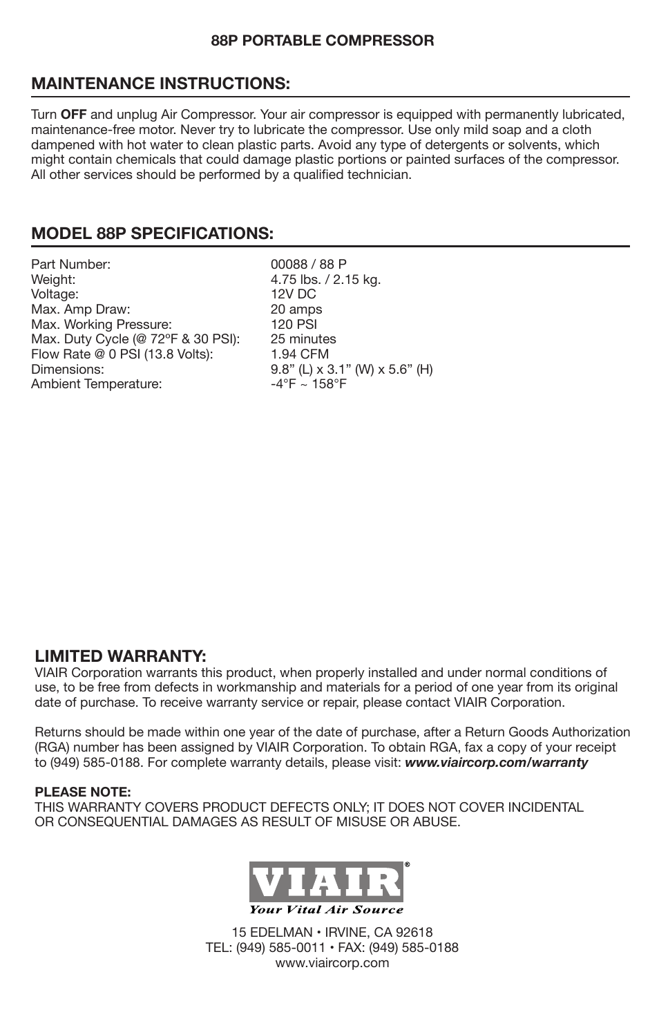 Limited warranty, Maintenance instructions, Model 88p specifications | VIAIR 88P User Manual | Page 4 / 4