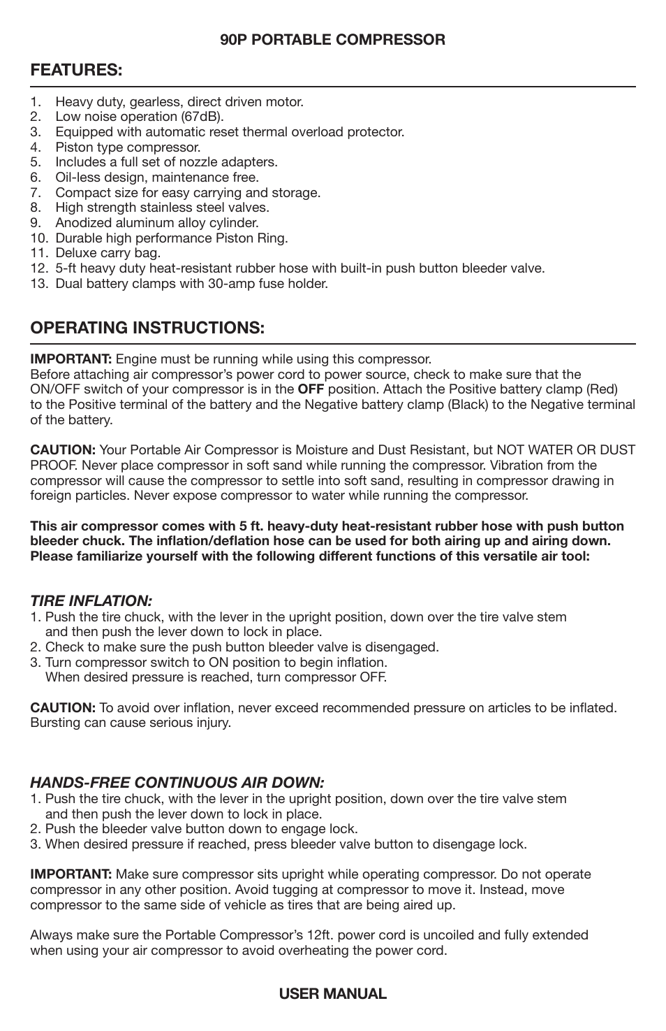 Features, Operating instructions | VIAIR 90P User Manual | Page 3 / 4