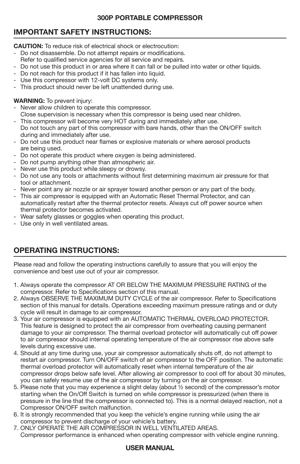 Important safety instructions, Operating instructions | VIAIR 300P User Manual | Page 2 / 4