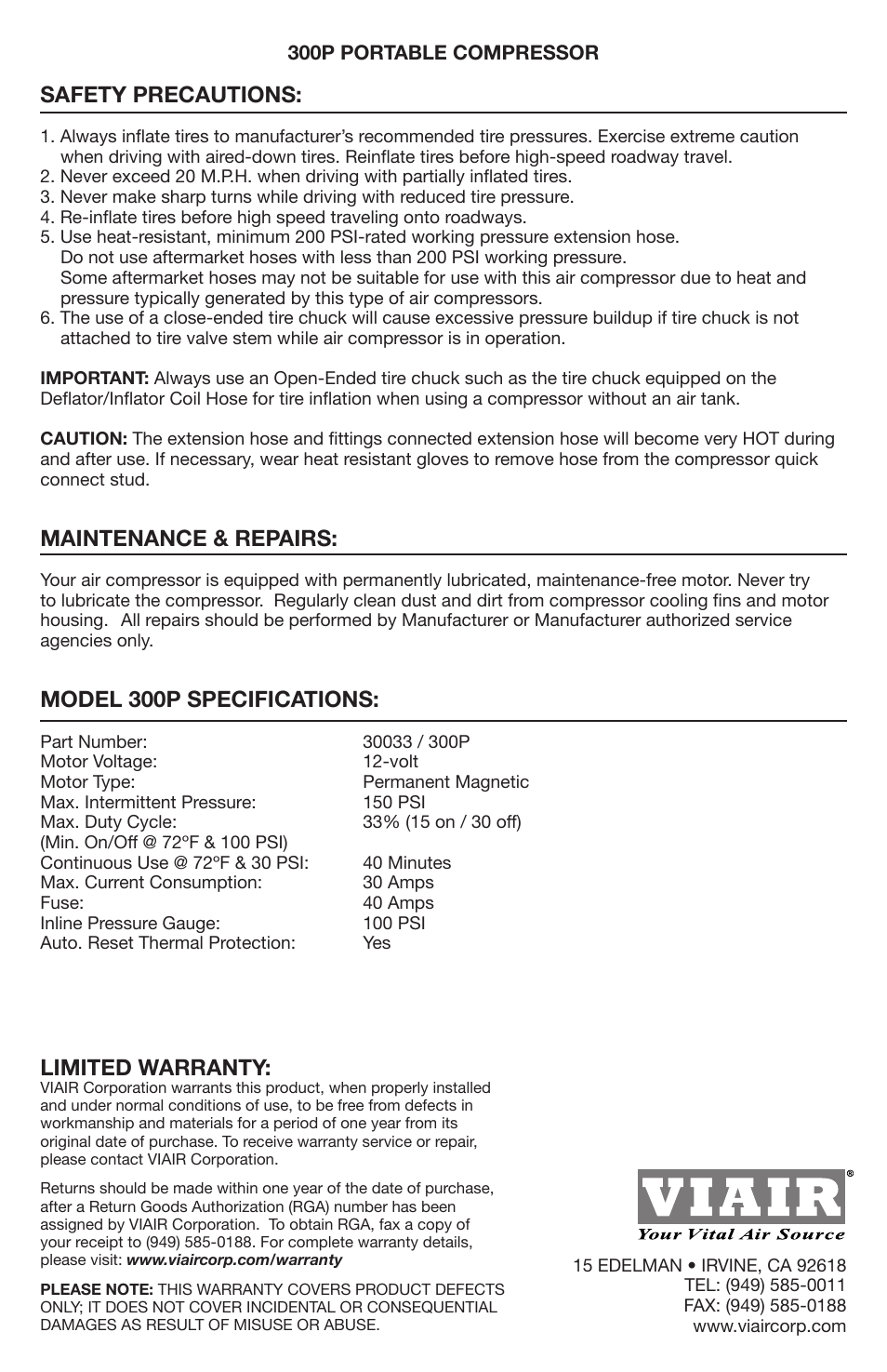 Safety precautions, Maintenance & repairs, Model 300p specifications | Limited warranty | VIAIR 300P User Manual | Page 4 / 4