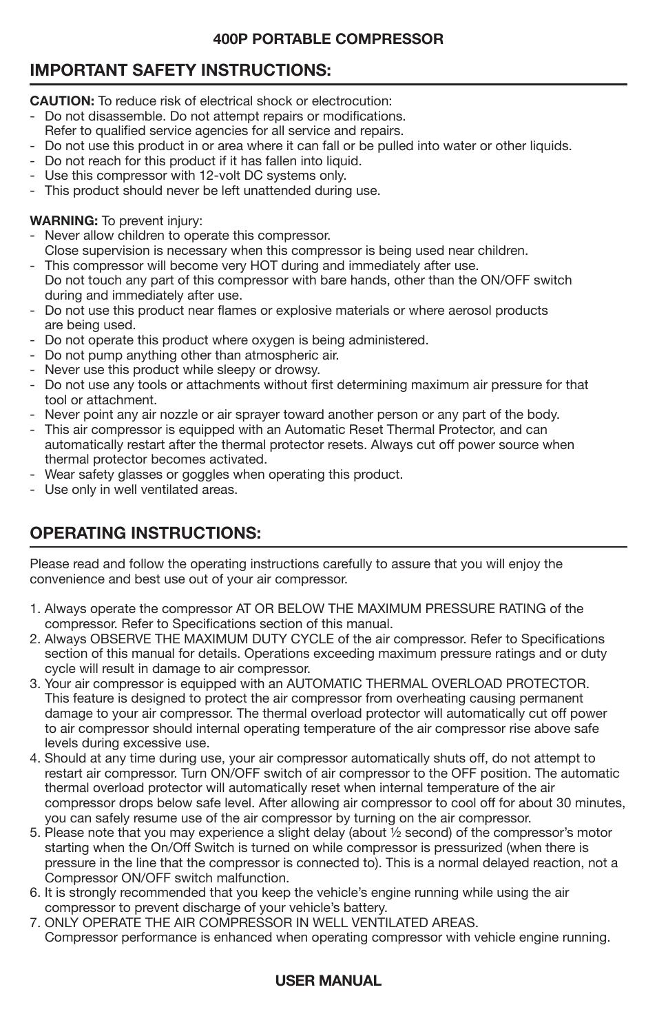 Important safety instructions, Operating instructions | VIAIR 400P User Manual | Page 2 / 4