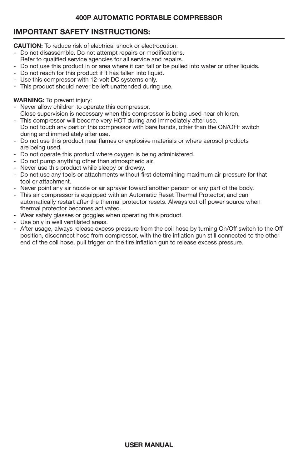 Important safety instructions | VIAIR 400P-Auto User Manual | Page 2 / 8