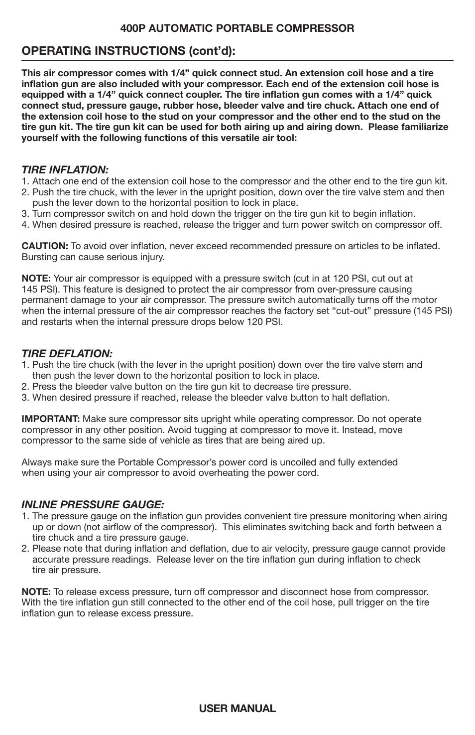 Operating instructions (cont’d) | VIAIR 400P-Auto User Manual | Page 4 / 8