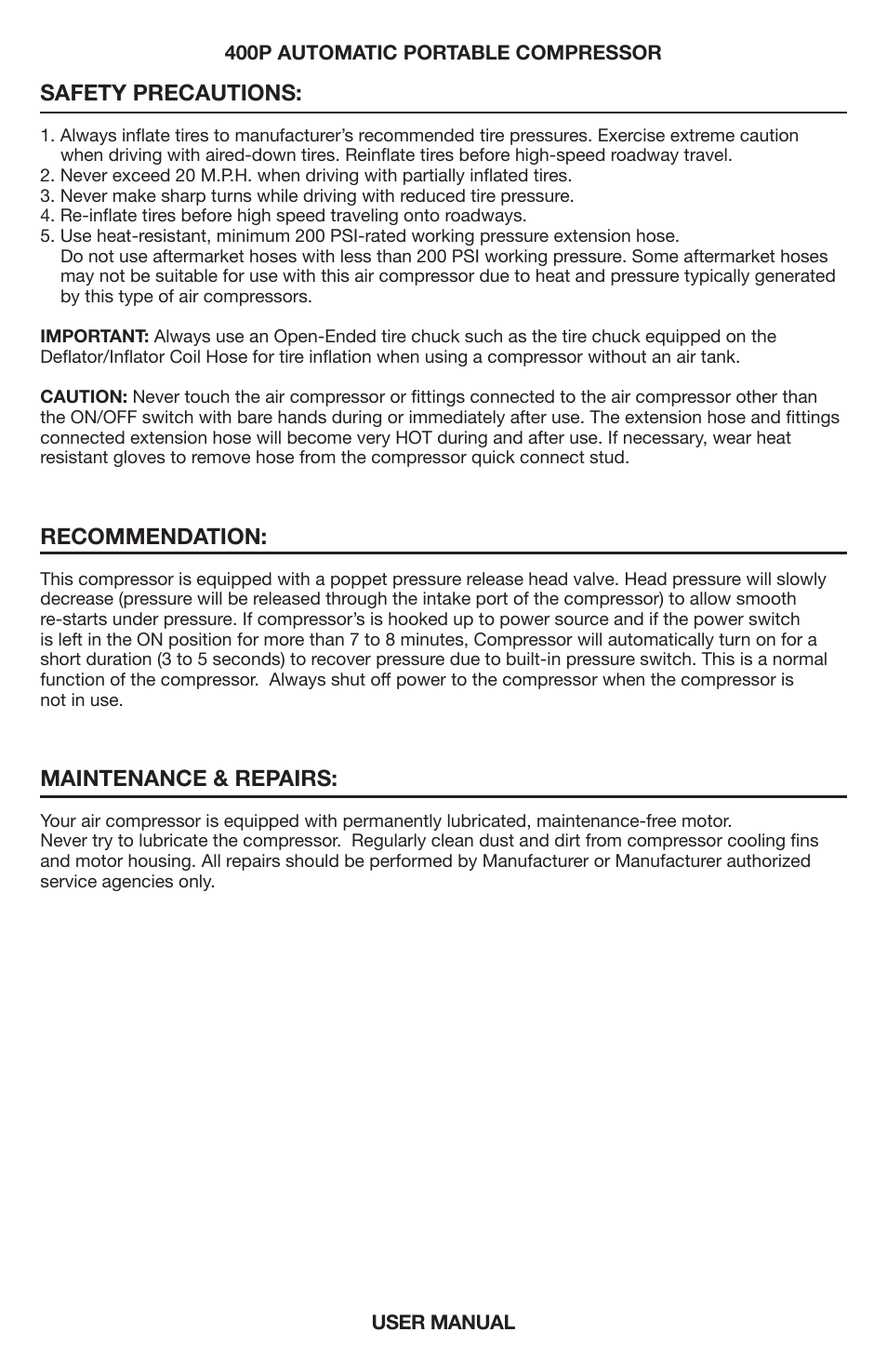 Safety precautions, Recommendation, Maintenance & repairs | VIAIR 400P-Auto User Manual | Page 5 / 8