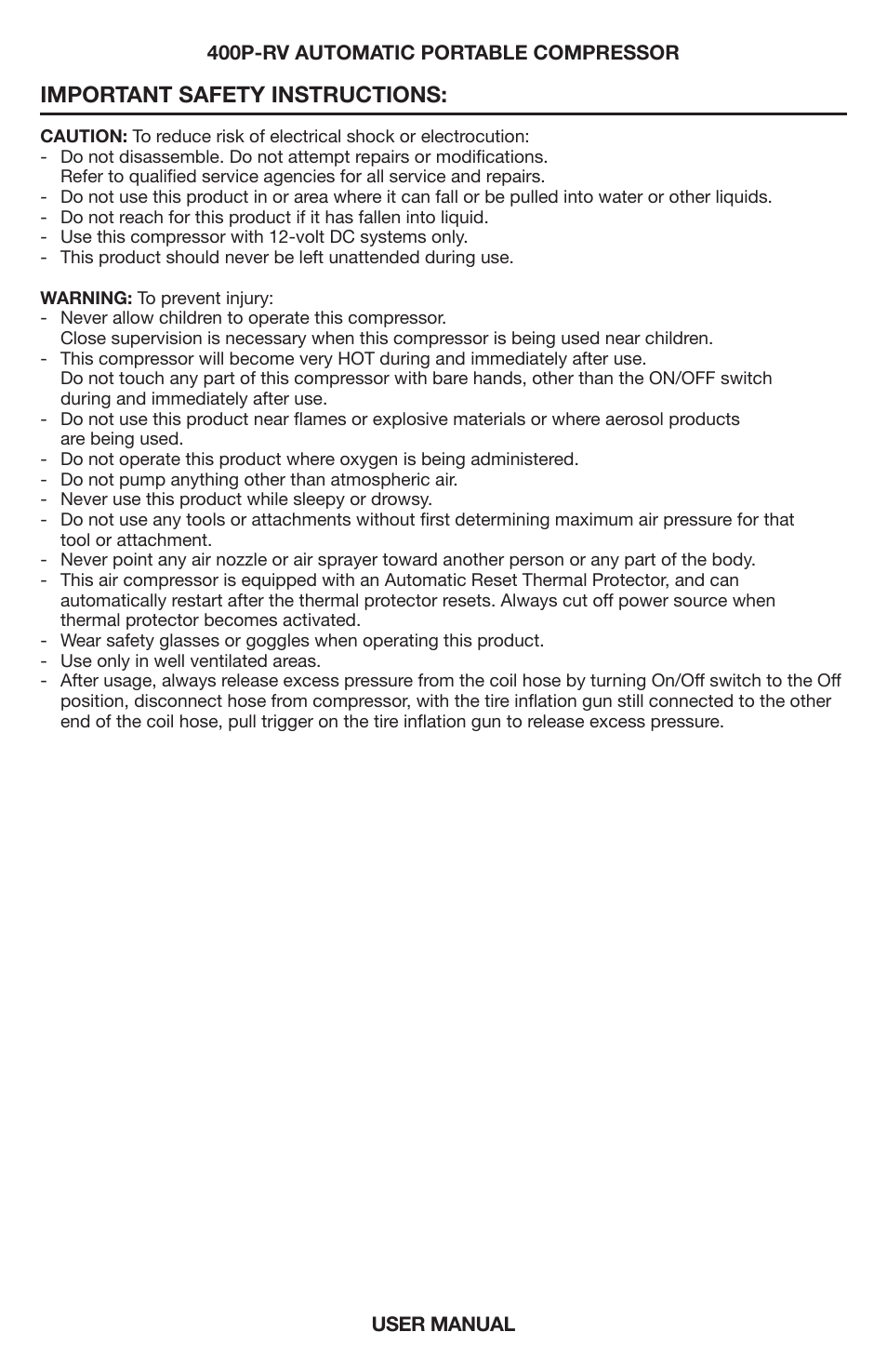 Important safety instructions | VIAIR 400P-RV Auto User Manual | Page 2 / 8